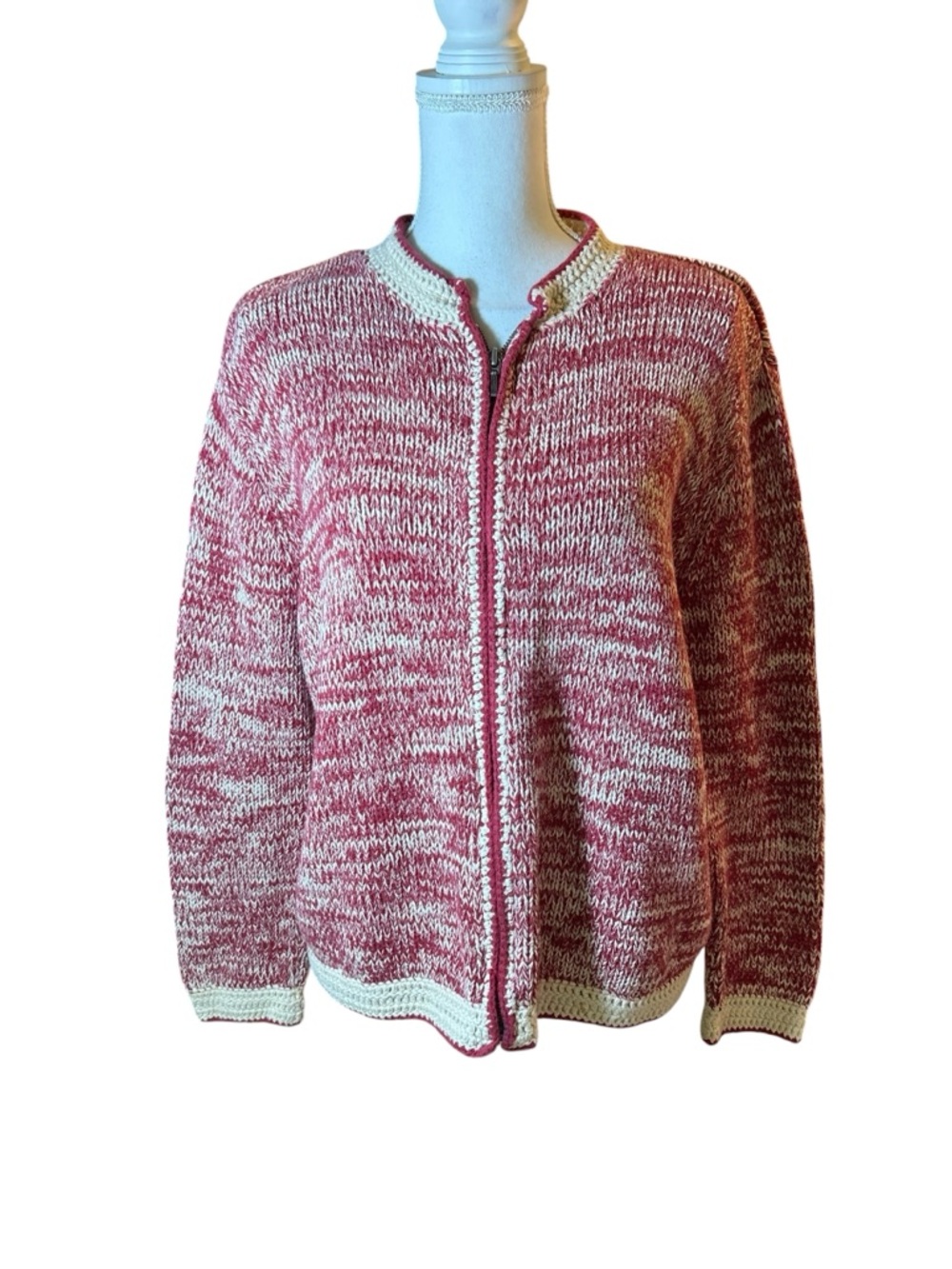 J. Jill Pink and Cream Marled Zip 100% Cotton Cardigan